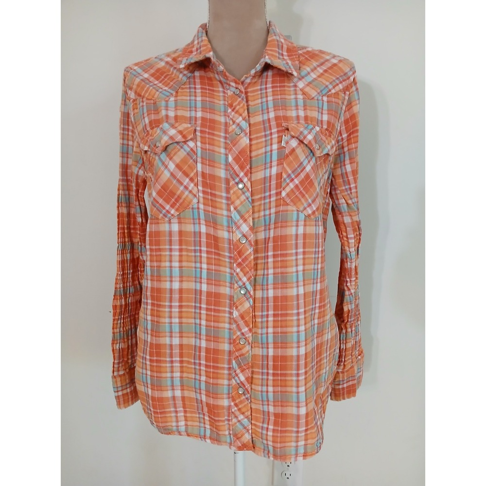 Levis Womens XL Orange Plaid Pearl Snap Western Shirt Long Sleeve Cotton